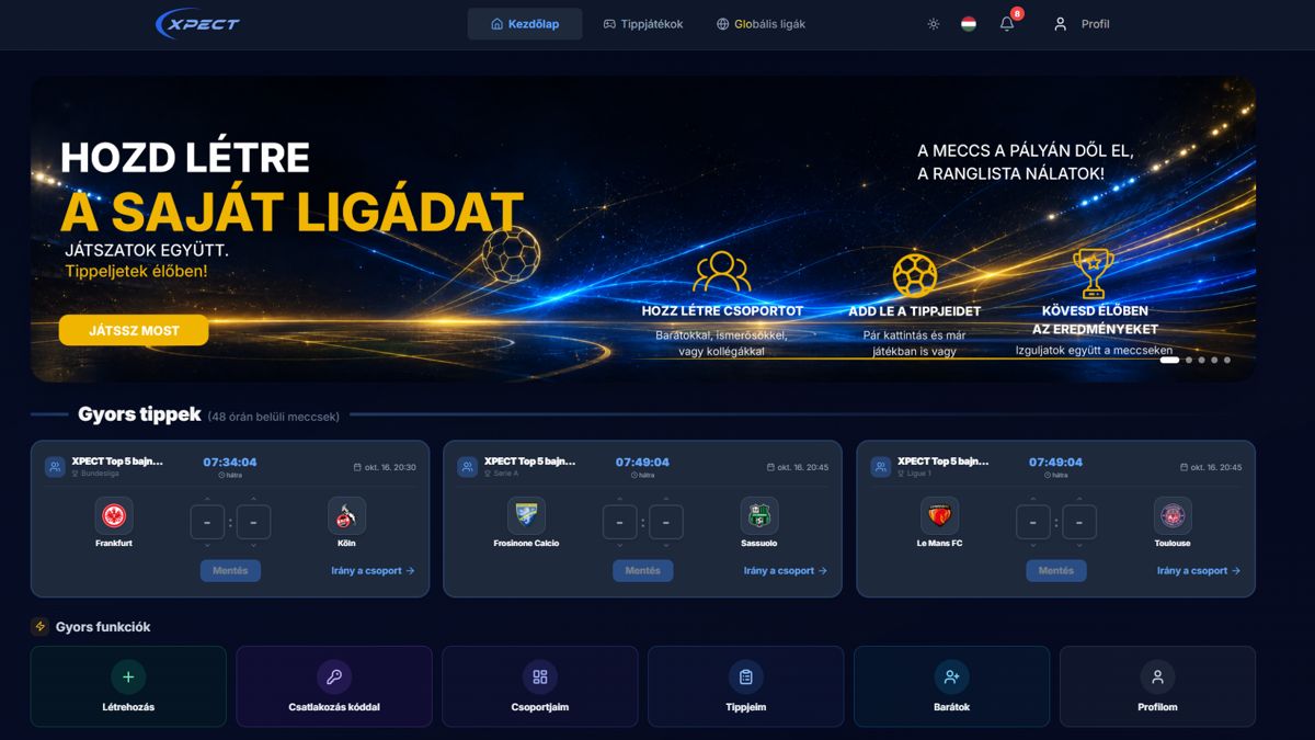 Az XPECT focitippjáték kezdőlapja